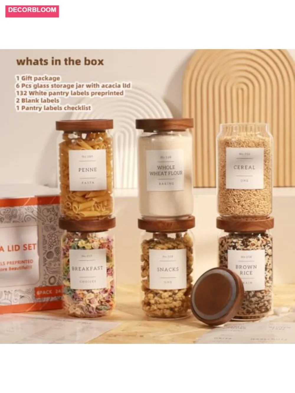 6 Pack Glass Canisters with Airtight Acacia Lids and 132 Pantry Labels, 24 oz